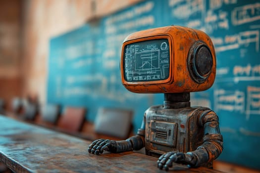 Vintage robot at school at the blackboard. Concept of rapidly developing technologies.