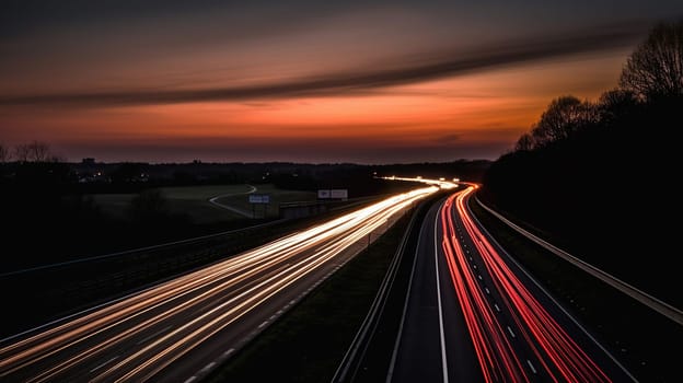 Long exposure photo of traffic on the move at dusk on motorway, generative ai