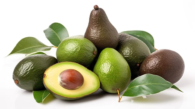 Many fresh cut avocados and leaves isolated on white, generative ai
