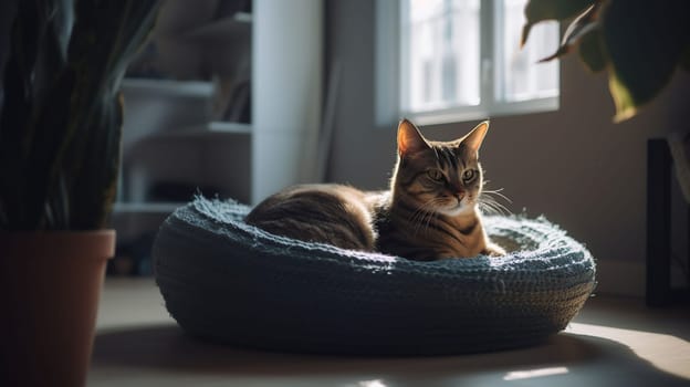 Interior of light living room with cute cat lying in pet bed, generative ai