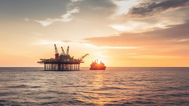 Offshore oil and rig platform in sunset or sunrise time. Construction of production process in the sea. Power energy of the world, generative ai