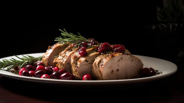 Delicious Roasted pork loin with cranberry and rosemary, generative ai