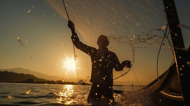 Silhouette of asian fishermen with fishing net in morning sunshine along harbor. Stop motion water drop on sea, generative ai
