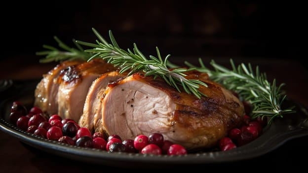 Delicious Roasted pork loin with cranberry and rosemary, generative ai