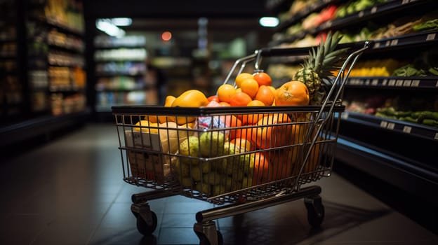 Shopping cart filled with food and drinks and supermarket shelves in the background, grocery shopping concept, generative ai