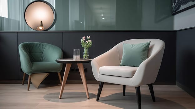 Interior of modern room with armchair and table near light wall, generative ai