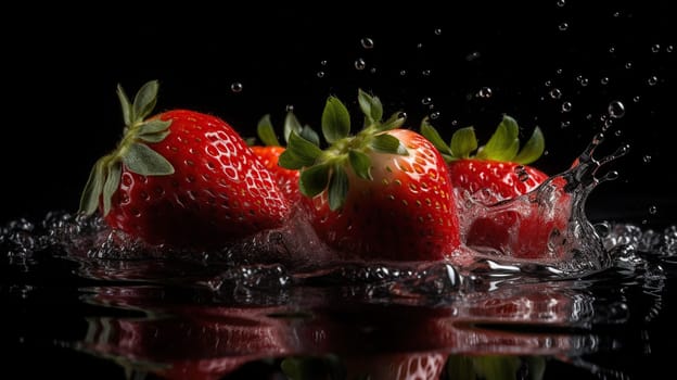 strawberries falling into a tank of water showing movement and splashes, shot against a black background, generative ai