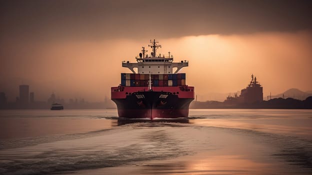A tugs boat assist container vessel to be berthing at industrail port on sunset baground, generative ai