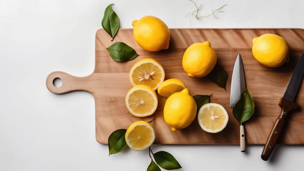 Wooden board, lemons, peeler and fresh rind on white textured table, flat lay, generative ai