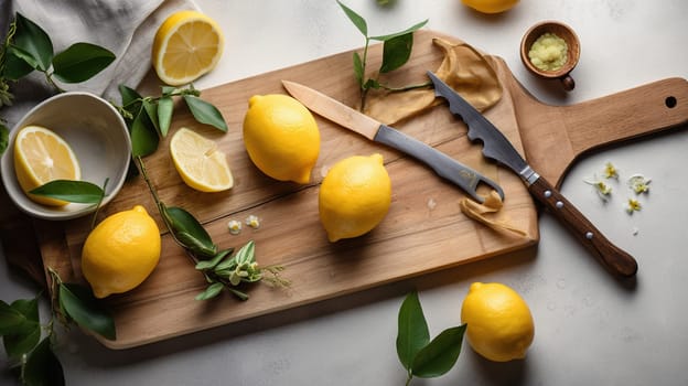 Wooden board, lemons, peeler and fresh rind on white textured table, generative ai