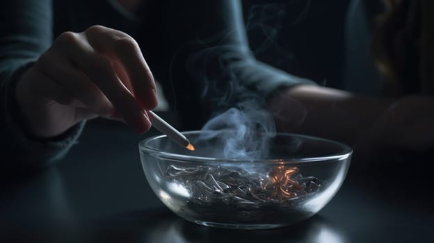 Woman holding smoldering cigarette over glass ashtray at grey table against black background, generative ai