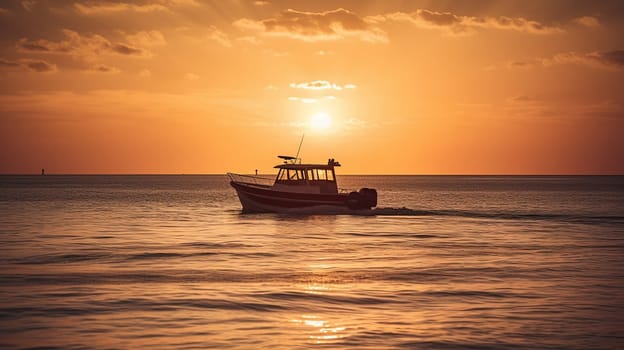 Boat on the sea at sunset, generative ai