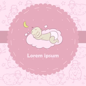 Cute Sleeping Baby Girl. Newborn postcard In Scrapbooking Style