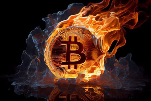 Burning in fire golden bitcoin on black background, Bitcoin coin in flames, burn cryptocurrency bit coin money, crash and blockchain bubble, Generative AI
