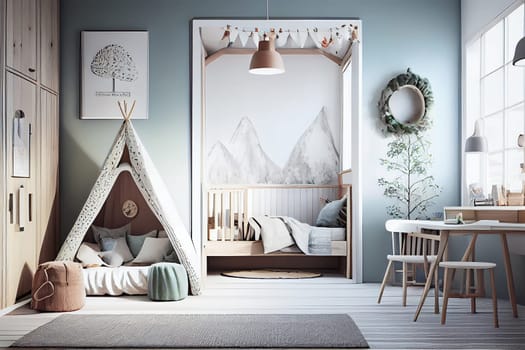 Scandinavian interior design of playroom with wooden cabinet, armchairs, Spacious child room with window, play tent, sack chair, poster mockup, Generative AI