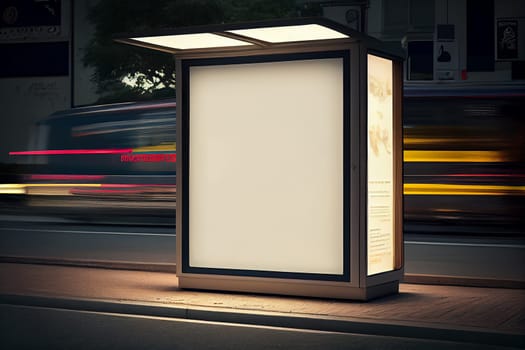 Mock up of advertising light box on the bus stop, vertical light box in a bus stop at night, Generative AI