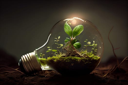 A light bulb growing into a tree from soil represents the creative concept of renewable energy and nature conservation. Ai Generative