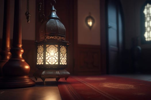 A beautiful Ramadan greeting card with intricate design and a glowing lantern, perfect for sending warm wishes during the holiday season. AI Generative.