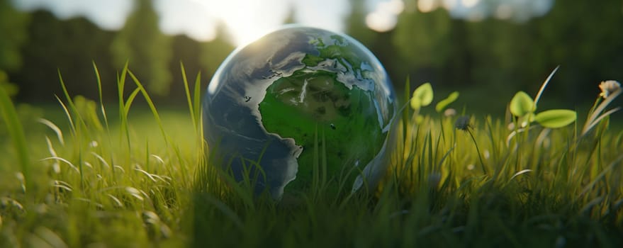 Glass globe on fresh green moss, a symbolic representation of our commitment to preserving the planet's natural beauty and resources. World Environment Day. AI Generative.