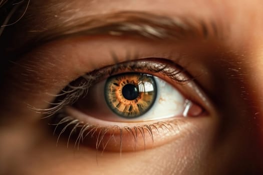 Stunning close-up of a young woman's eye in beautiful blue color. Macro view of the pupil and iris with focus on the optical anatomy. Perfect for ophthalmology and beauty photography. AI Generative.