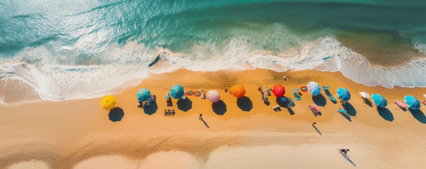 This stunning aerial view of a beach coastline with waves crashing onto the shore and colorful umbrellas dotting the sand is perfect for promoting a resort or vacation destination. AI Generative