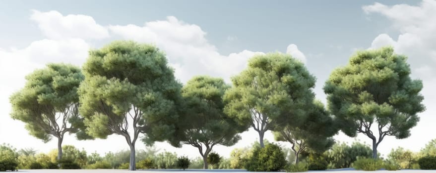 A picturesque panorama of a lush forest with a clear blue sky in the background isolated on white. AI Generative.
