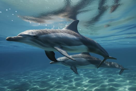 Adorable baby dolphin swimming alongside its mother in crystal-clear waters on World Oceans Day, showcasing the beauty and biodiversity of our planet's marine ecosystems. AI Generative