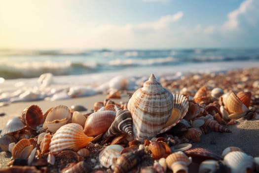 The beauty of seashells on a sandy beach is captured in this natural scenery. The coastal environment and waves provide a relaxing vacation spot. AI Generative.
