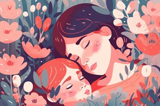 A vibrant and colorful image capturing the bond between a mother and child in a serene countryside meadow, perfect for Mother's Day, symbolizing the joy and happiness of parenthood. AI Generative