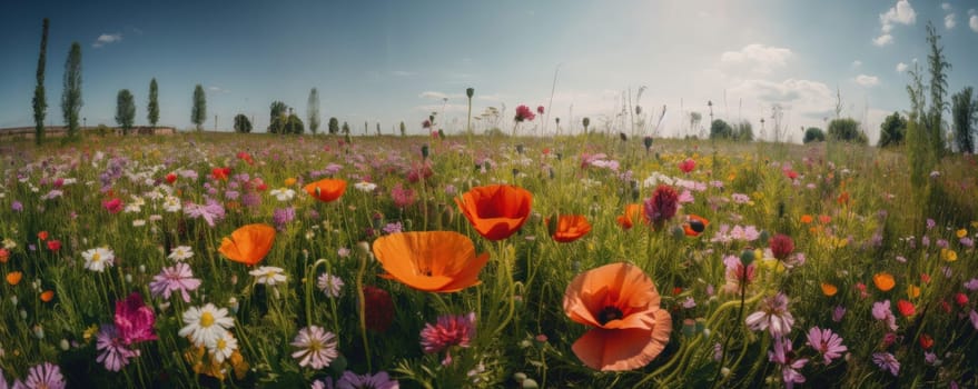 A fresh and natural image of a colorful flower field filled with pink and white cosmos blooms on a sunny day with blue sky. AI Generative.