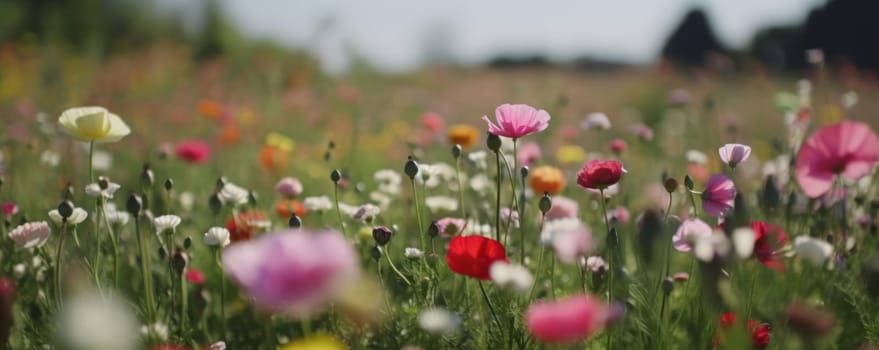 A breathtaking view of a field filled with pink and white flowers in full bloom under a bright blue sky and sunny day. AI Generative.