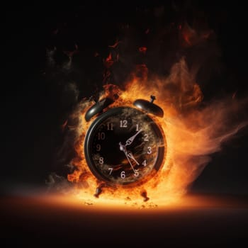 A black alarm clock with large numbers on a dark background with fiery particles, representing the urgency and importance of time management. Is AI Generative.