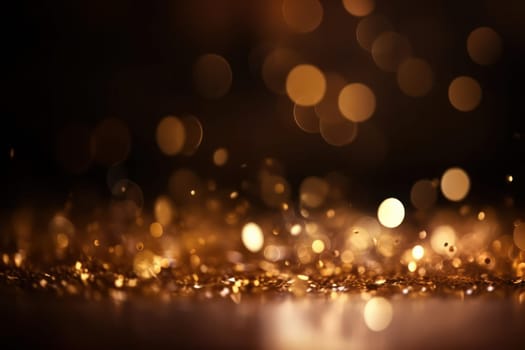 Glitter defocused abstract Twinkly Lights with golden particles and bokeh lights. Bright futuristic texture for Christmas and luxury party. AI Generative.