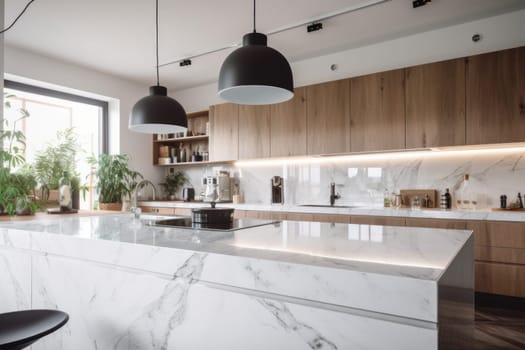 Luxurious kitchen design featuring white cabinets, marble background, and a stunning wooden countertop, perfect for entertaining guests. AI Generative.