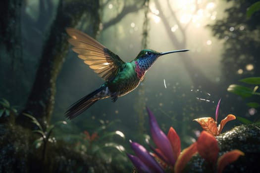 A hummingbird perched on a branch, its colorful feathers contrasting against the green leaves of a forest. A true work of art by nature. AI Generative.