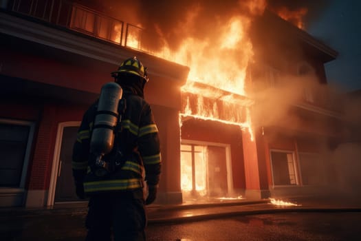 Brave firefighter battling fierce flames in front of a burning house. Emergency response, courage, and sacrifice. Is AI Generative.