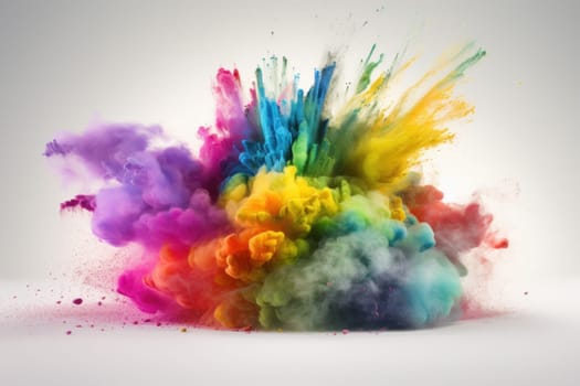 Multicolored powder explosion creates a smoke-like effect against a clean white background. A creative and unique shot. AI Generative.