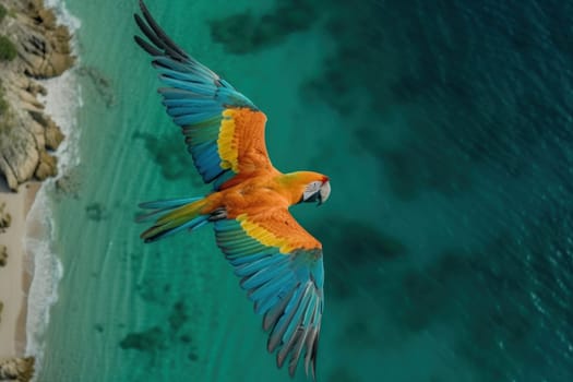 Experience the awe-inspiring sight of a majestic bird taking flight above the turquoise waters and golden sands of a tropical beach in this stunning stock photo, AI Generative.