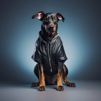This cute dog looks comfortable and trendy in a black and brown hoodie, perfect for a walk in the city or a cozy night in. Modern pet fashion, AI Generative.