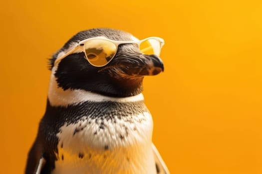 Cool penguin wearing sunglasses against a sunny yellow backdrop get ready for some laughs AI Generative.