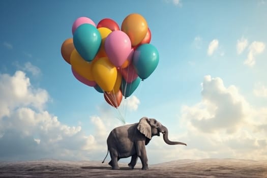 Travel to a world of imagination with this surreal image of an elephant floating in the sky with colorful balloons and clouds. This joyful and fun picture is AI Generative.