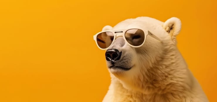 Endangered polar bear sporting trendy shades on a yellow background, highlighting the need for conservation efforts. AI Generative.
