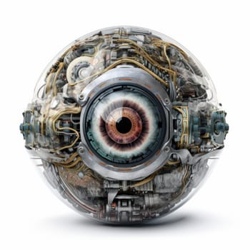 Ultimate representation of modern technology, a stylized robotic eye with advanced artificial intelligence. Mechanical object with large eye, perfect representation of the bionic eye. AI Generative