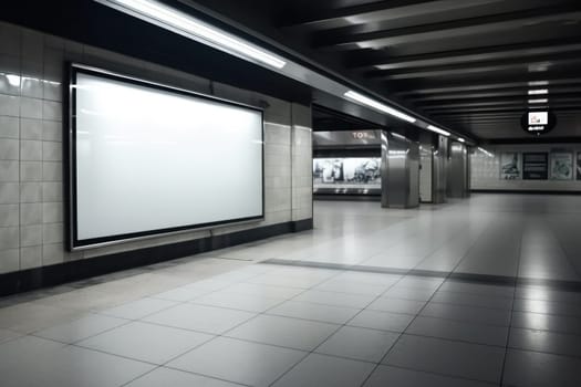 Vintage subway platform with a blank TV screen, a glimpse into the past. Perfect for modern installations or exhibits. Moody atmosphere in abandoned station. AI Generative.