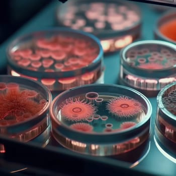 Science background with petri dish and pipette containing blue liquid is AI Generative.