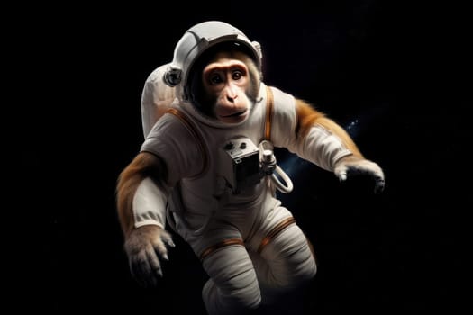 In its white space suit and helmet, a monkey prepares to blast off into the great beyond. This primate is a true astronaut, ready to explore the secrets of space. AI Generative