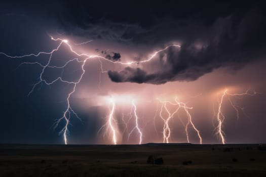 Amidst a dramatic lightning storm, a field is illuminated by flashes of lightning, highlighting the natural beauty and power of the sky. AI Generative.