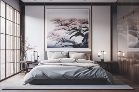 Enjoy a peaceful night's sleep in this cozy bedroom with a comfortable bed and natural light filtering through the window. AI Generative