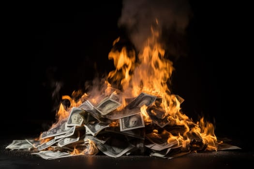 Flames consume a stack of banknotes, representing the risks and liabilities of the finance market AI Generative.