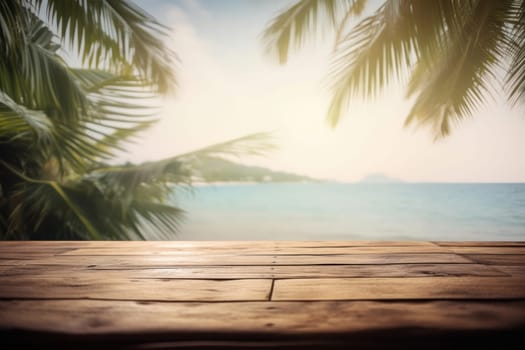 Sunny, natural coastal scenery with waves and sand viewed from a wooden table. Tranquil and peaceful. Generative AI.
